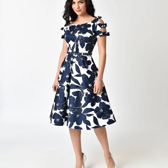 Unique Vintage 1950s Navy Bow Sleeve Selma Swing Dress - Picture 5 of 5